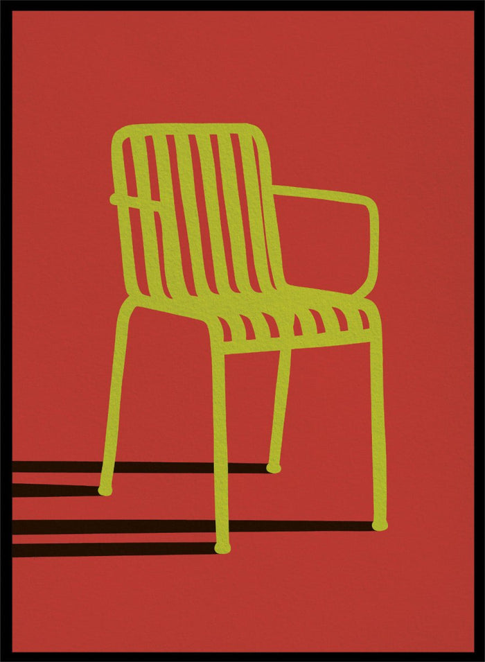 A minimalist graphic art print of a modern armchair, featuring a lime green chair silhouette on a solid red background with bold black shadows. Green Chair Shadow by Lisa Solomoniuk premium framed fine art print featuring a bright green chair and long black shadow against a deep red background.