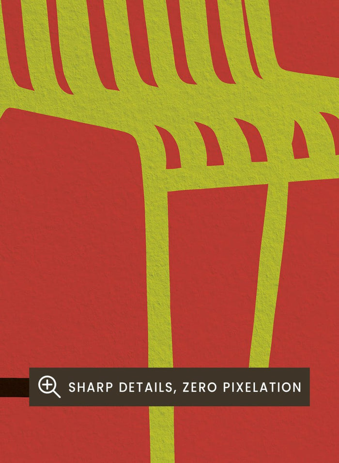 A minimalist graphic art print of a modern armchair, featuring a lime green chair silhouette on a solid red background with bold black shadows. Green Chair Shadow by Lisa Solomoniuk premium framed fine art print featuring a bright green chair and long black shadow against a deep red background.