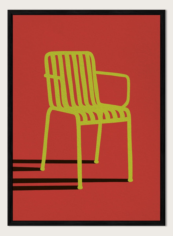 A minimalist graphic art print of a modern armchair, featuring a lime green chair silhouette on a solid red background with bold black shadows. Green Chair Shadow by Lisa Solomoniuk premium framed fine art print featuring a bright green chair and long black shadow against a deep red background.