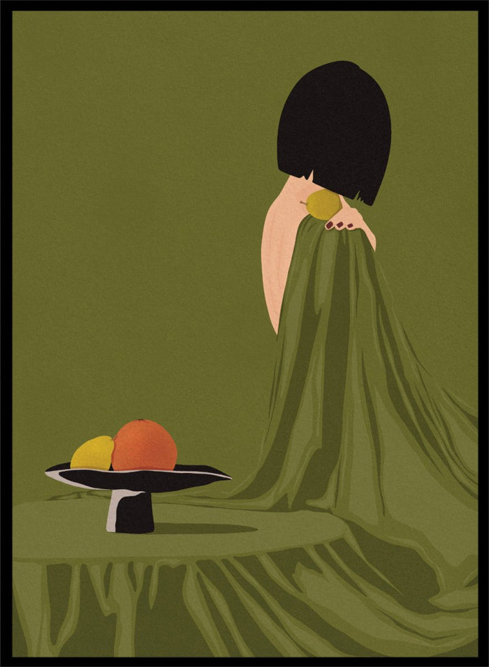 Green Dress Still Life by Lisa Solomoniuk premium framed fine art print featuring a woman, fruit, and flowing fabric in rich olive green tones.