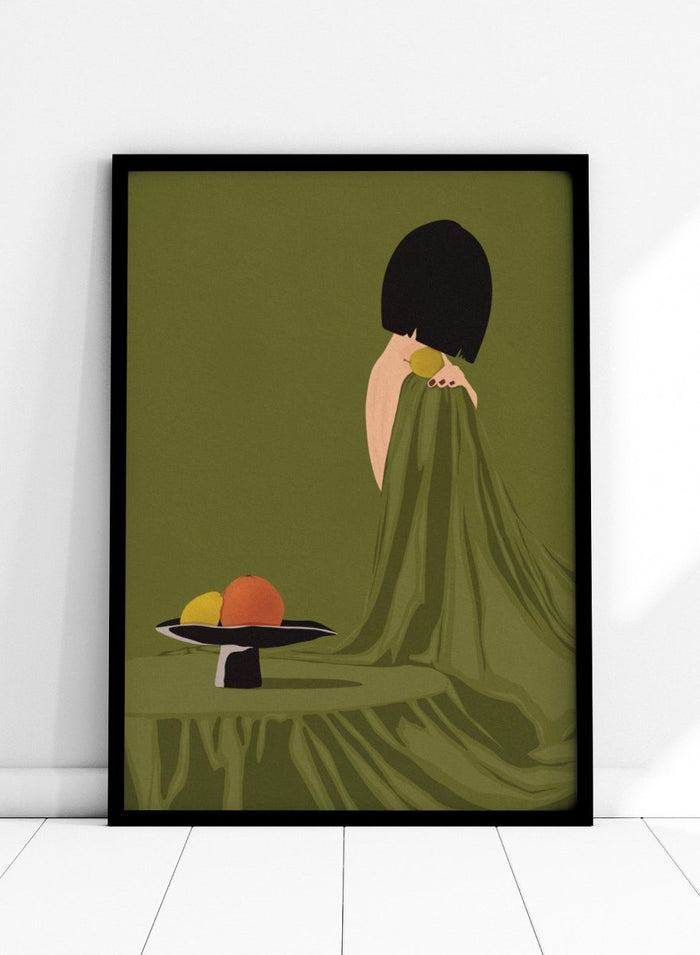 Green Dress Still Life by Lisa Solomoniuk premium framed fine art print featuring a woman, fruit, and flowing fabric in rich olive green tones.