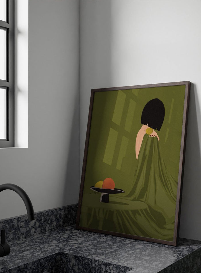 Green Dress Still Life by Lisa Solomoniuk premium framed fine art print featuring a woman, fruit, and flowing fabric in rich olive green tones.