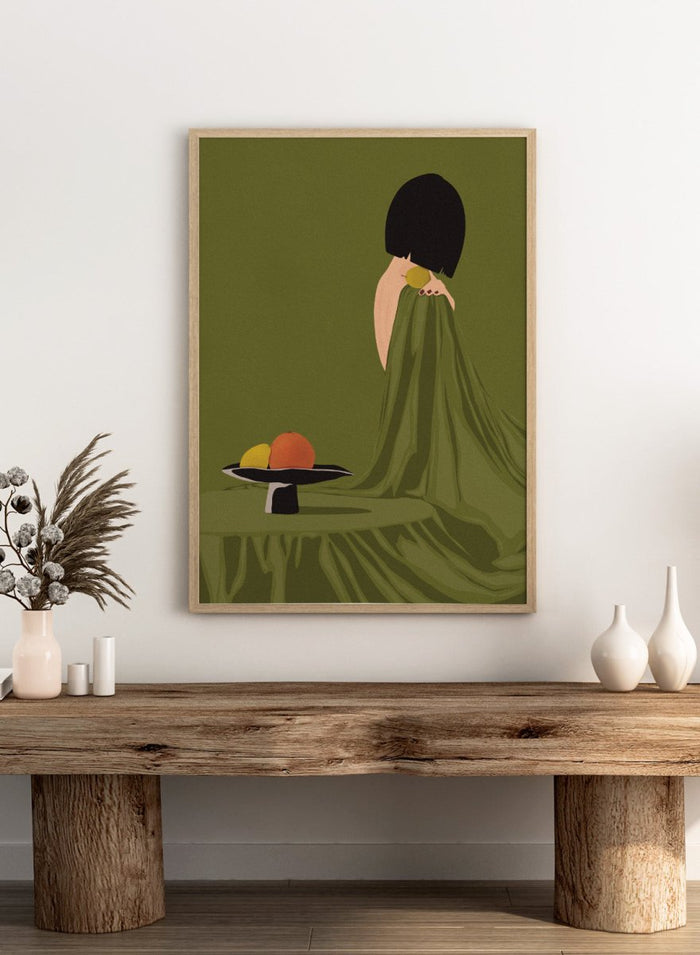 Green Dress Still Life by Lisa Solomoniuk premium framed fine art print featuring a woman, fruit, and flowing fabric in rich olive green tones.