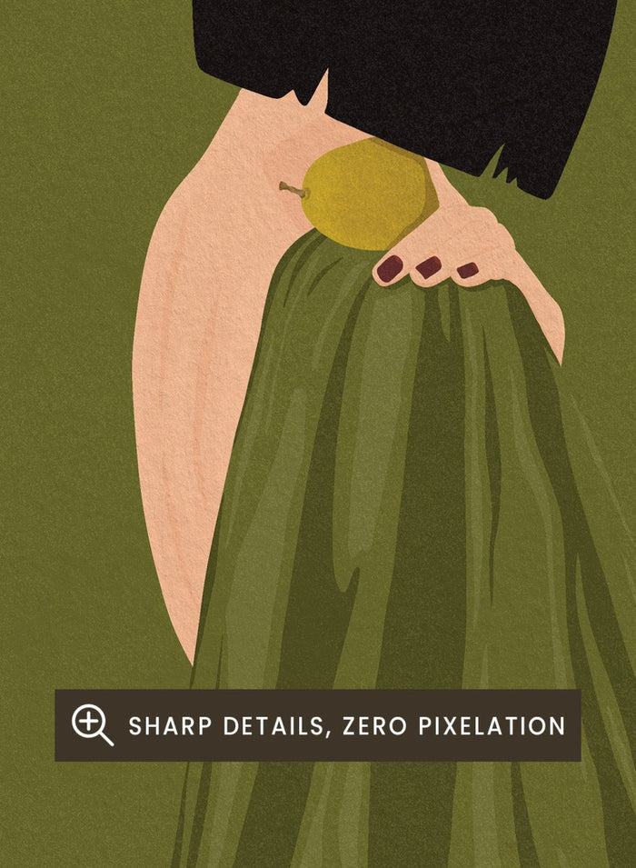 Green Dress Still Life by Lisa Solomoniuk premium framed fine art print featuring a woman, fruit, and flowing fabric in rich olive green tones.