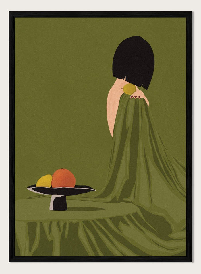 Green Dress Still Life by Lisa Solomoniuk premium framed fine art print featuring a woman, fruit, and flowing fabric in rich olive green tones.