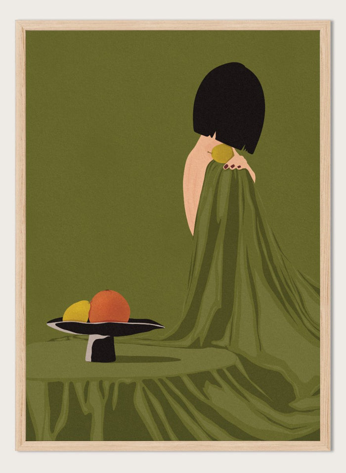 Green Dress Still Life by Lisa Solomoniuk premium framed fine art print featuring a woman, fruit, and flowing fabric in rich olive green tones.