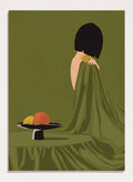 Green Dress Still Life by Lisa Solomoniuk premium framed fine art print featuring a woman, fruit, and flowing fabric in rich olive green tones.
