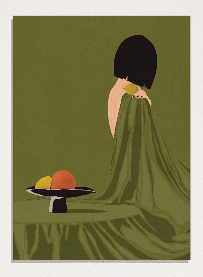Green Dress Still Life by Lisa Solomoniuk premium framed fine art print featuring a woman, fruit, and flowing fabric in rich olive green tones.