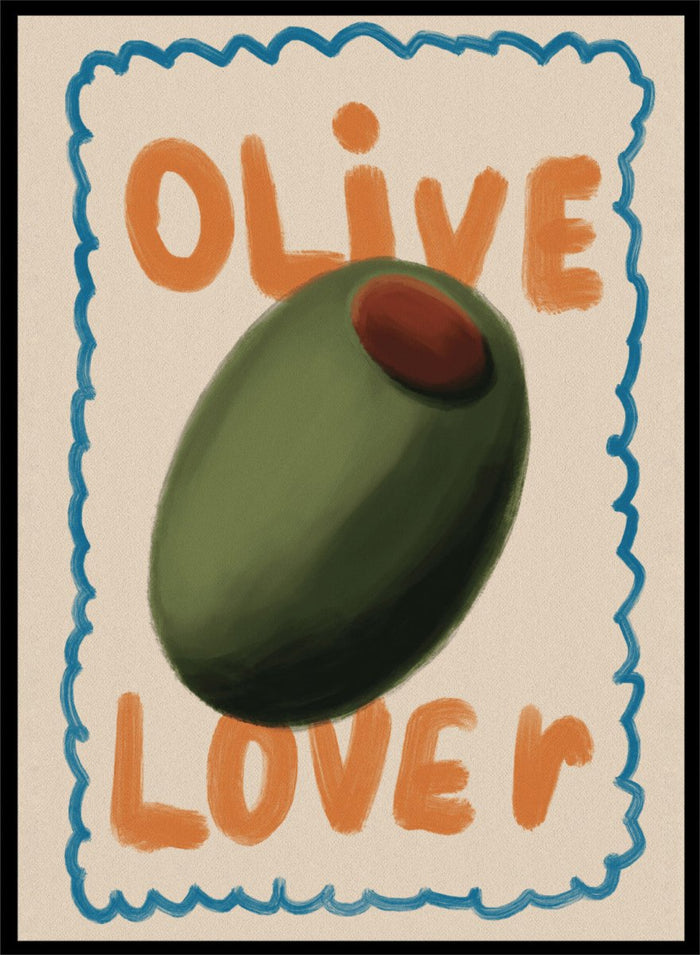 An art print featuring a stylized illustration of an olive with the words 'OLIVE' at the top and 'LOVE' at the bottom, framed by a blue scalloped border on a cream background. Green Olive Lover by Lisa Solomoniuk premium framed fine art print featuring an oversized green olive, orange lettering, and a playful blue border.