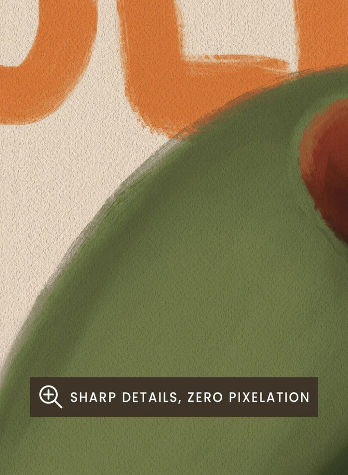 An art print featuring a stylized illustration of an olive with the words 'OLIVE' at the top and 'LOVE' at the bottom, framed by a blue scalloped border on a cream background. Green Olive Lover by Lisa Solomoniuk premium framed fine art print featuring an oversized green olive, orange lettering, and a playful blue border.