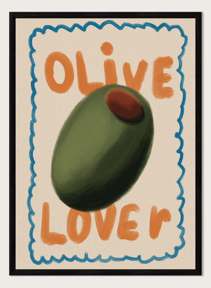 An art print featuring a stylized illustration of an olive with the words 'OLIVE' at the top and 'LOVE' at the bottom, framed by a blue scalloped border on a cream background. Green Olive Lover by Lisa Solomoniuk premium framed fine art print featuring an oversized green olive, orange lettering, and a playful blue border.