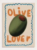 An art print featuring a stylized illustration of an olive with the words 'OLIVE' at the top and 'LOVE' at the bottom, framed by a blue scalloped border on a cream background. Green Olive Lover by Lisa Solomoniuk premium framed fine art print featuring an oversized green olive, orange lettering, and a playful blue border.