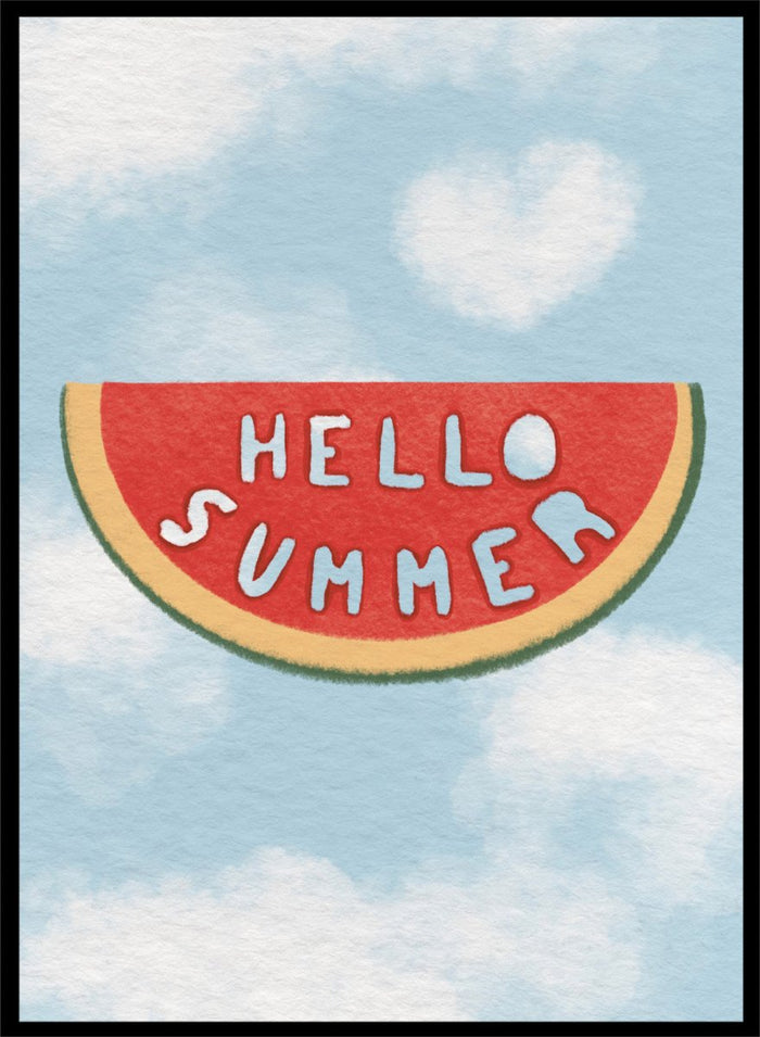 An art print featuring a watermelon slice graphic with the words 'HELLO SUMMER' in white letters, set against a light blue sky with white clouds background. Hello Summer Watermelon by Lisa Solomoniuk fine art print featuring a playful watermelon slice, soft clouds, and bright summer color.
