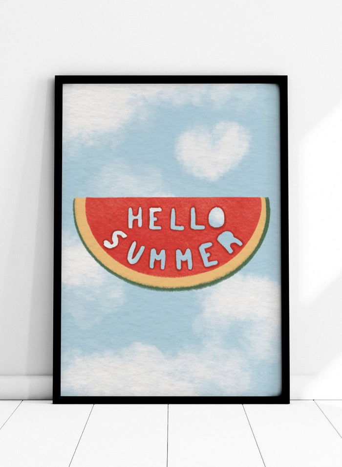 An art print featuring a watermelon slice graphic with the words 'HELLO SUMMER' in white letters, set against a light blue sky with white clouds background. Hello Summer Watermelon by Lisa Solomoniuk fine art print featuring a playful watermelon slice, soft clouds, and bright summer color.