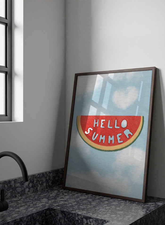 An art print featuring a watermelon slice graphic with the words 'HELLO SUMMER' in white letters, set against a light blue sky with white clouds background. Hello Summer Watermelon by Lisa Solomoniuk fine art print featuring a playful watermelon slice, soft clouds, and bright summer color.