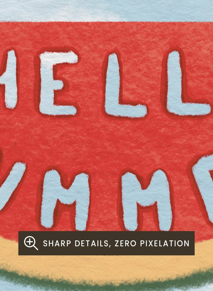 An art print featuring a watermelon slice graphic with the words 'HELLO SUMMER' in white letters, set against a light blue sky with white clouds background. Hello Summer Watermelon by Lisa Solomoniuk fine art print featuring a playful watermelon slice, soft clouds, and bright summer color.