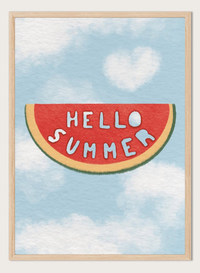 An art print featuring a watermelon slice graphic with the words 'HELLO SUMMER' in white letters, set against a light blue sky with white clouds background. Hello Summer Watermelon by Lisa Solomoniuk fine art print featuring a playful watermelon slice, soft clouds, and bright summer color.