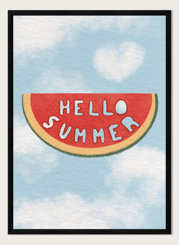 An art print featuring a watermelon slice graphic with the words 'HELLO SUMMER' in white letters, set against a light blue sky with white clouds background. Hello Summer Watermelon by Lisa Solomoniuk fine art print featuring a playful watermelon slice, soft clouds, and bright summer color.