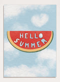 An art print featuring a watermelon slice graphic with the words 'HELLO SUMMER' in white letters, set against a light blue sky with white clouds background. Hello Summer Watermelon by Lisa Solomoniuk fine art print featuring a playful watermelon slice, soft clouds, and bright summer color.