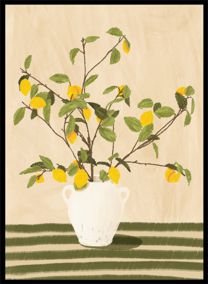 A framed still life artwork showing yellow lemons on leafy branches arranged in a white vase, set against a warm beige background with green horizontal stripes at the bottom. Lemon Tree Still Life by Lisa Solomoniuk premium framed fine art print featuring bright yellow lemons in a white vase on a striped green table.