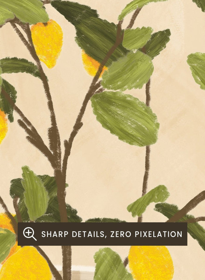A framed still life artwork showing yellow lemons on leafy branches arranged in a white vase, set against a warm beige background with green horizontal stripes at the bottom. Lemon Tree Still Life by Lisa Solomoniuk premium framed fine art print featuring bright yellow lemons in a white vase on a striped green table.