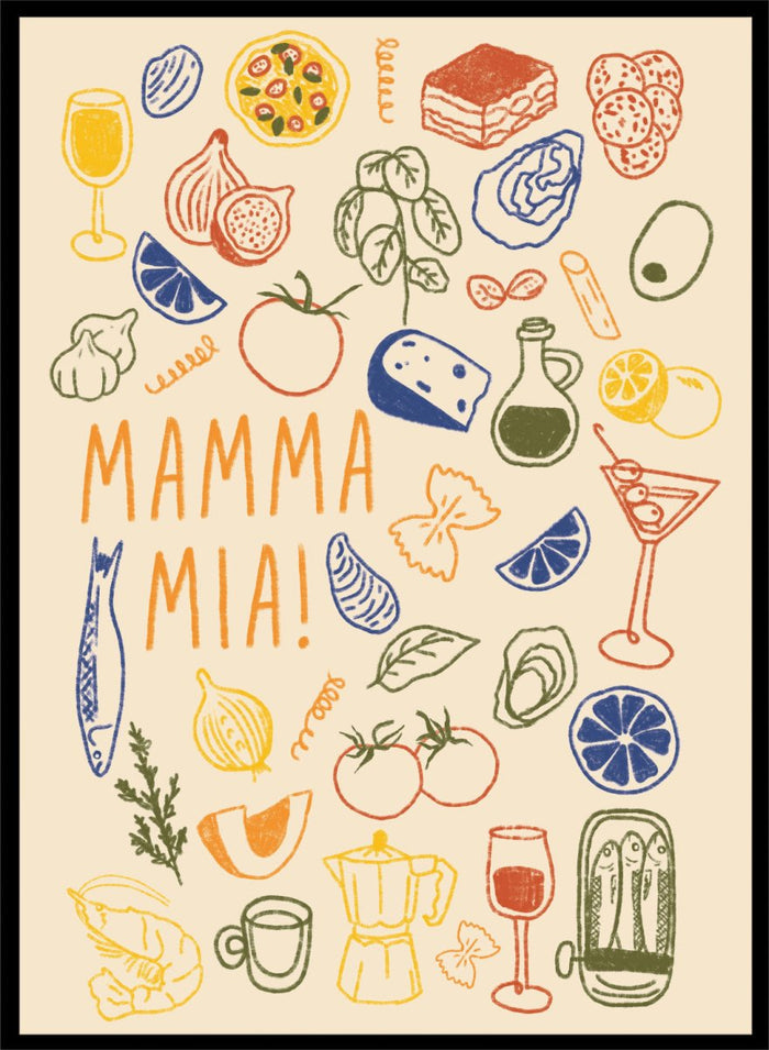 A framed art print featuring a cream-colored background decorated with hand-drawn, colorful Italian-themed illustrations, including pasta, pizza, wine, tomatoes, and a coffee maker, with the text 'MAMMA MIA!' in the center. Mamma Mia Italian Food by Lisa Solomoniuk premium framed fine art print featuring pasta, tomatoes, lemons, wine, coffee, and playful hand-drawn lettering.