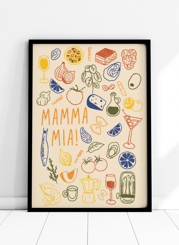 A framed art print featuring a cream-colored background decorated with hand-drawn, colorful Italian-themed illustrations, including pasta, pizza, wine, tomatoes, and a coffee maker, with the text 'MAMMA MIA!' in the center. Mamma Mia Italian Food by Lisa Solomoniuk premium framed fine art print featuring pasta, tomatoes, lemons, wine, coffee, and playful hand-drawn lettering.