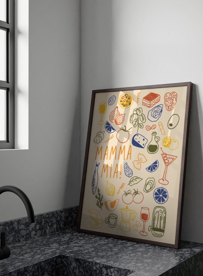 A framed art print featuring a cream-colored background decorated with hand-drawn, colorful Italian-themed illustrations, including pasta, pizza, wine, tomatoes, and a coffee maker, with the text 'MAMMA MIA!' in the center. Mamma Mia Italian Food by Lisa Solomoniuk premium framed fine art print featuring pasta, tomatoes, lemons, wine, coffee, and playful hand-drawn lettering.
