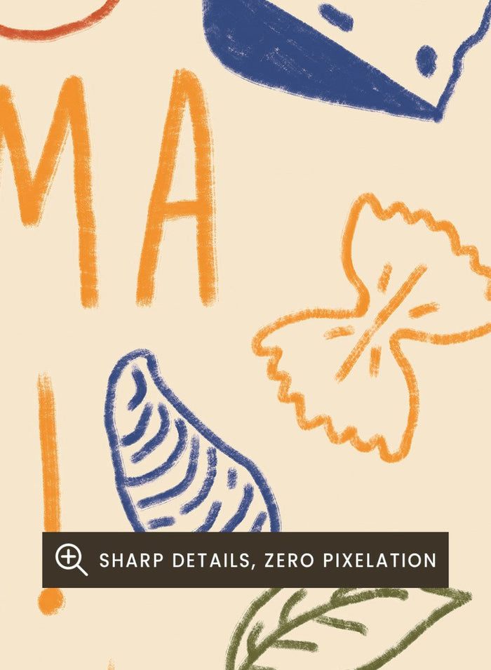 A framed art print featuring a cream-colored background decorated with hand-drawn, colorful Italian-themed illustrations, including pasta, pizza, wine, tomatoes, and a coffee maker, with the text 'MAMMA MIA!' in the center. Mamma Mia Italian Food by Lisa Solomoniuk premium framed fine art print featuring pasta, tomatoes, lemons, wine, coffee, and playful hand-drawn lettering.