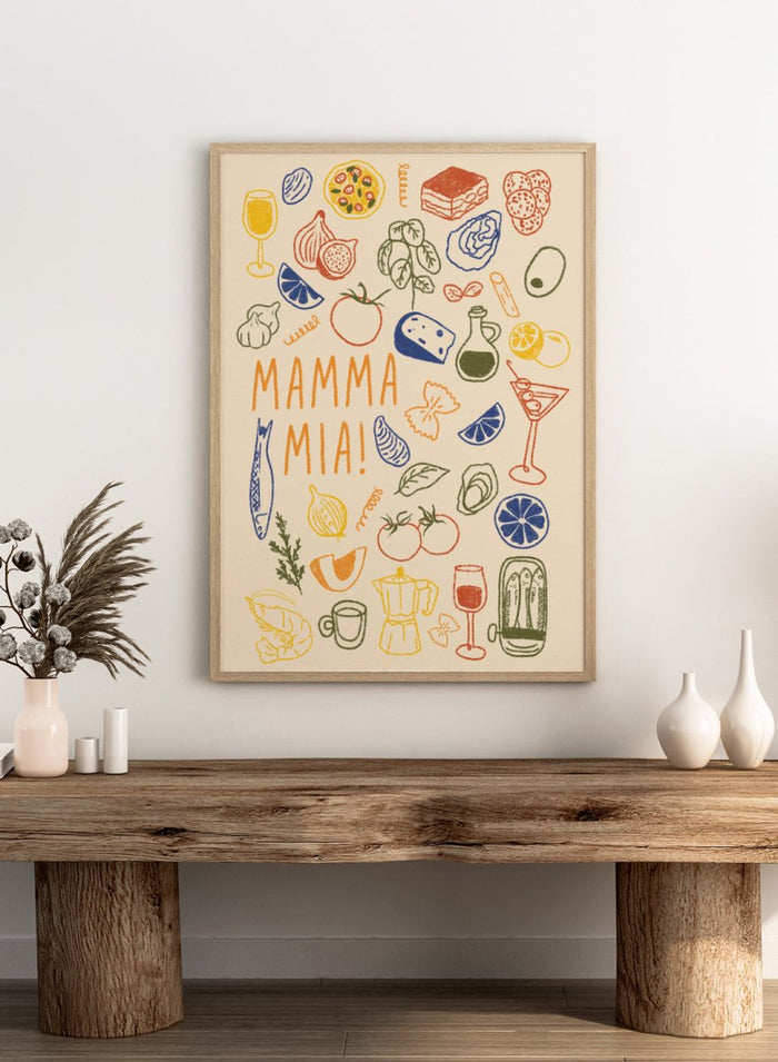 A framed art print featuring a cream-colored background decorated with hand-drawn, colorful Italian-themed illustrations, including pasta, pizza, wine, tomatoes, and a coffee maker, with the text 'MAMMA MIA!' in the center. Mamma Mia Italian Food by Lisa Solomoniuk premium framed fine art print featuring pasta, tomatoes, lemons, wine, coffee, and playful hand-drawn lettering.