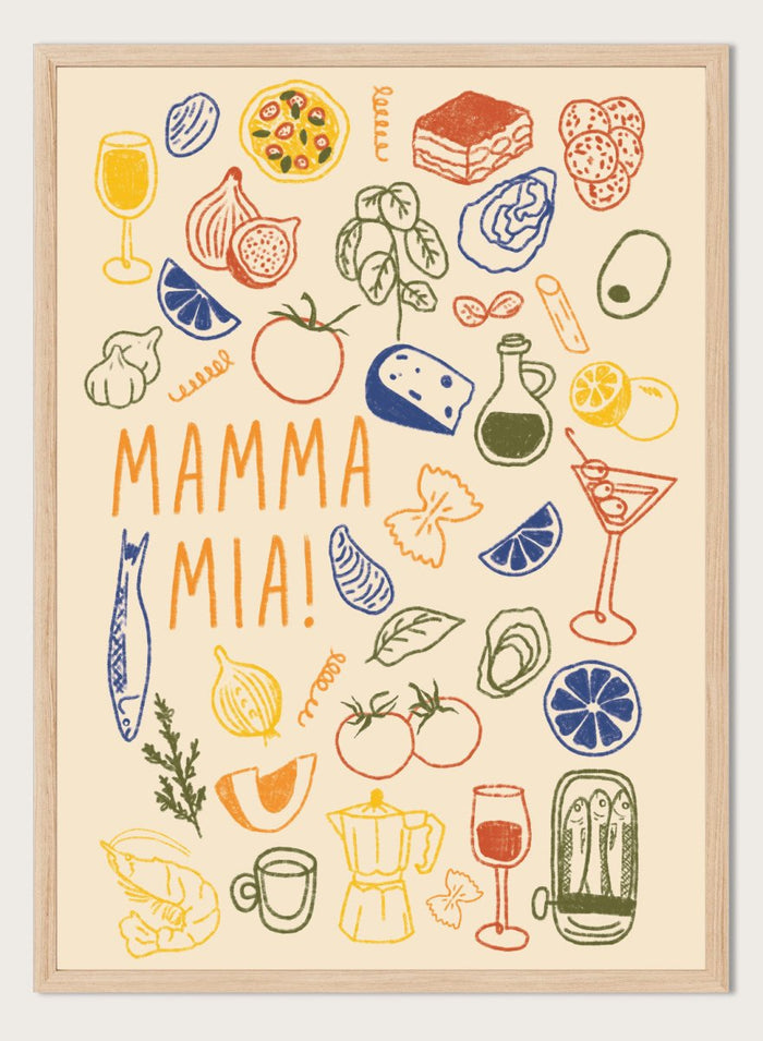 A framed art print featuring a cream-colored background decorated with hand-drawn, colorful Italian-themed illustrations, including pasta, pizza, wine, tomatoes, and a coffee maker, with the text 'MAMMA MIA!' in the center. Mamma Mia Italian Food by Lisa Solomoniuk premium framed fine art print featuring pasta, tomatoes, lemons, wine, coffee, and playful hand-drawn lettering.