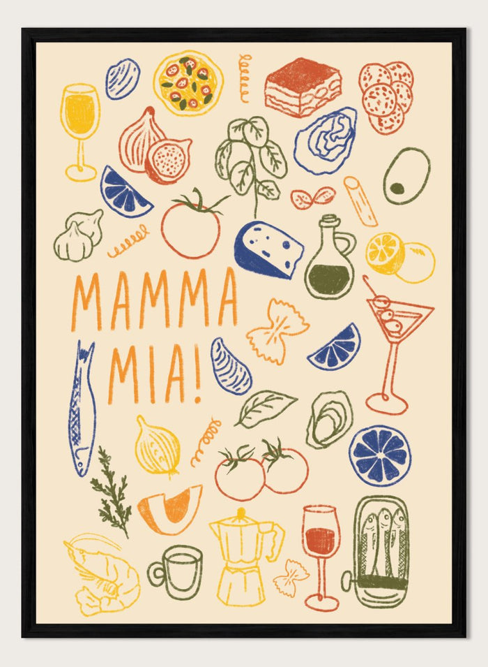 A framed art print featuring a cream-colored background decorated with hand-drawn, colorful Italian-themed illustrations, including pasta, pizza, wine, tomatoes, and a coffee maker, with the text 'MAMMA MIA!' in the center. Mamma Mia Italian Food by Lisa Solomoniuk premium framed fine art print featuring pasta, tomatoes, lemons, wine, coffee, and playful hand-drawn lettering.