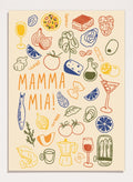 A framed art print featuring a cream-colored background decorated with hand-drawn, colorful Italian-themed illustrations, including pasta, pizza, wine, tomatoes, and a coffee maker, with the text 'MAMMA MIA!' in the center. Mamma Mia Italian Food by Lisa Solomoniuk premium framed fine art print featuring pasta, tomatoes, lemons, wine, coffee, and playful hand-drawn lettering.