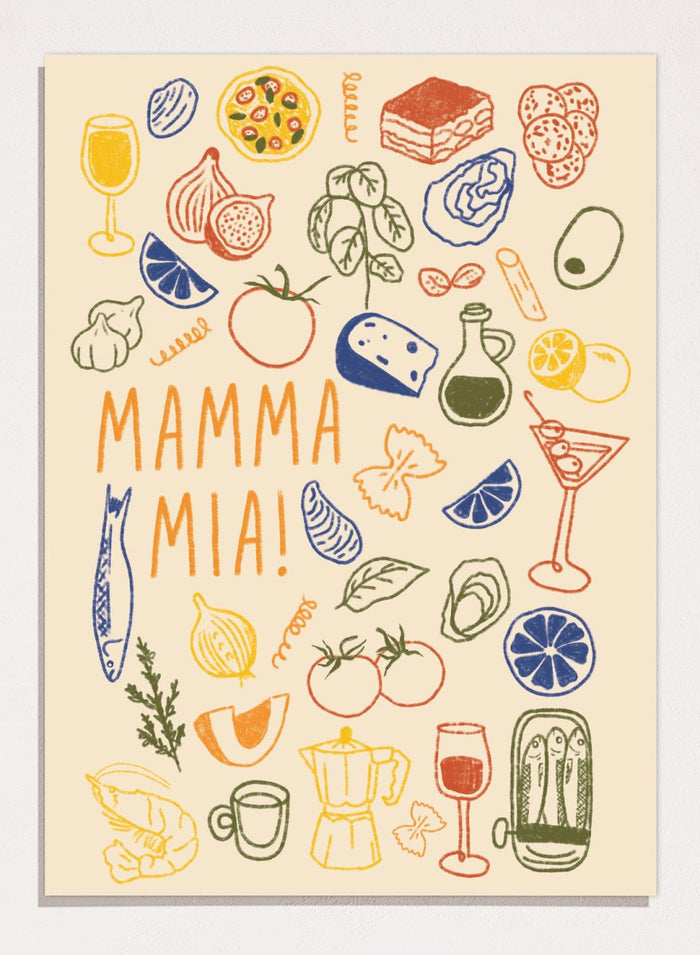 A framed art print featuring a cream-colored background decorated with hand-drawn, colorful Italian-themed illustrations, including pasta, pizza, wine, tomatoes, and a coffee maker, with the text 'MAMMA MIA!' in the center. Mamma Mia Italian Food by Lisa Solomoniuk premium framed fine art print featuring pasta, tomatoes, lemons, wine, coffee, and playful hand-drawn lettering.