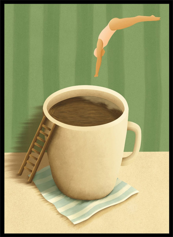 A whimsical illustrated scene showing a large beige mug filled with dark brown coffee on a striped napkin, with a small wooden ladder leaning against the mug and a diver mid-jump above the cup against a green striped background. Morning Coffee Dive by Lisa Solomoniuk premium framed fine art print featuring a tiny diver above an oversized coffee cup with a miniature ladder.