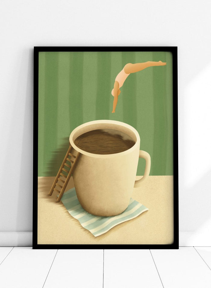 A whimsical illustrated scene showing a large beige mug filled with dark brown coffee on a striped napkin, with a small wooden ladder leaning against the mug and a diver mid-jump above the cup against a green striped background. Morning Coffee Dive by Lisa Solomoniuk premium framed fine art print featuring a tiny diver above an oversized coffee cup with a miniature ladder.