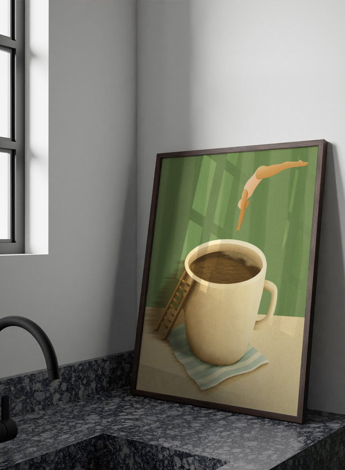 A whimsical illustrated scene showing a large beige mug filled with dark brown coffee on a striped napkin, with a small wooden ladder leaning against the mug and a diver mid-jump above the cup against a green striped background. Morning Coffee Dive by Lisa Solomoniuk premium framed fine art print featuring a tiny diver above an oversized coffee cup with a miniature ladder.