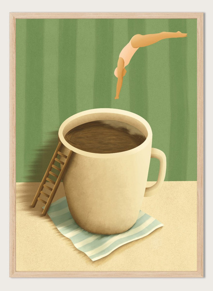 A whimsical illustrated scene showing a large beige mug filled with dark brown coffee on a striped napkin, with a small wooden ladder leaning against the mug and a diver mid-jump above the cup against a green striped background. Morning Coffee Dive by Lisa Solomoniuk premium framed fine art print featuring a tiny diver above an oversized coffee cup with a miniature ladder.