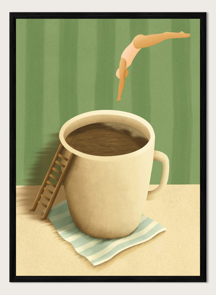 A whimsical illustrated scene showing a large beige mug filled with dark brown coffee on a striped napkin, with a small wooden ladder leaning against the mug and a diver mid-jump above the cup against a green striped background. Morning Coffee Dive by Lisa Solomoniuk premium framed fine art print featuring a tiny diver above an oversized coffee cup with a miniature ladder.