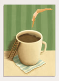A whimsical illustrated scene showing a large beige mug filled with dark brown coffee on a striped napkin, with a small wooden ladder leaning against the mug and a diver mid-jump above the cup against a green striped background. Morning Coffee Dive by Lisa Solomoniuk premium framed fine art print featuring a tiny diver above an oversized coffee cup with a miniature ladder.