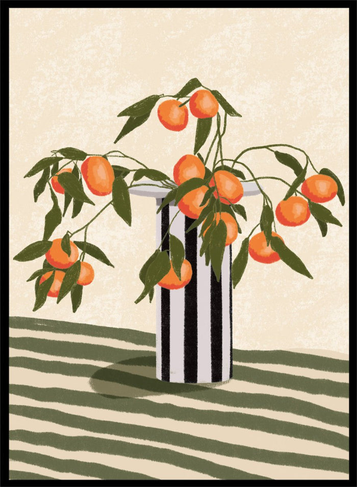 A stylized still life illustration of orange branches with green leaves and ripe oranges arranged in a black-and-white striped vase on a striped surface against a warm cream background. Orange Branches Vase by Lisa Solomoniuk premium framed fine art print featuring bright orange fruit, green leaves, and a striped black-and-white vase.