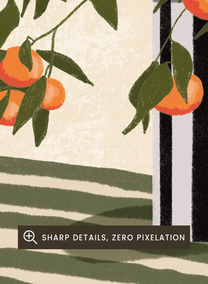 A stylized still life illustration of orange branches with green leaves and ripe oranges arranged in a black-and-white striped vase on a striped surface against a warm cream background. Orange Branches Vase by Lisa Solomoniuk premium framed fine art print featuring bright orange fruit, green leaves, and a striped black-and-white vase.