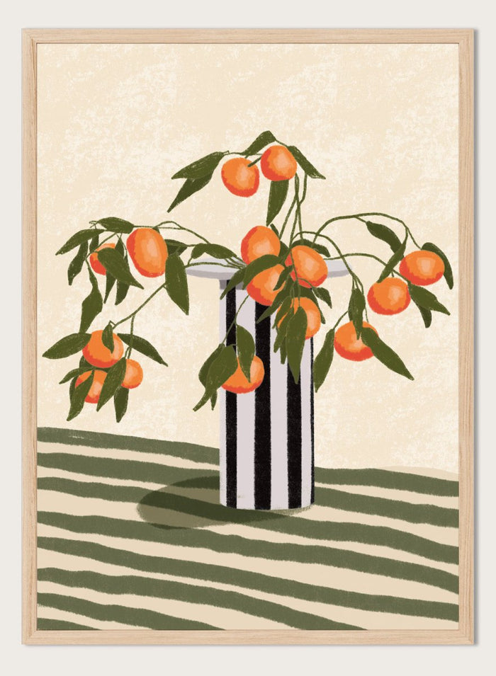 A stylized still life illustration of orange branches with green leaves and ripe oranges arranged in a black-and-white striped vase on a striped surface against a warm cream background. Orange Branches Vase by Lisa Solomoniuk premium framed fine art print featuring bright orange fruit, green leaves, and a striped black-and-white vase.