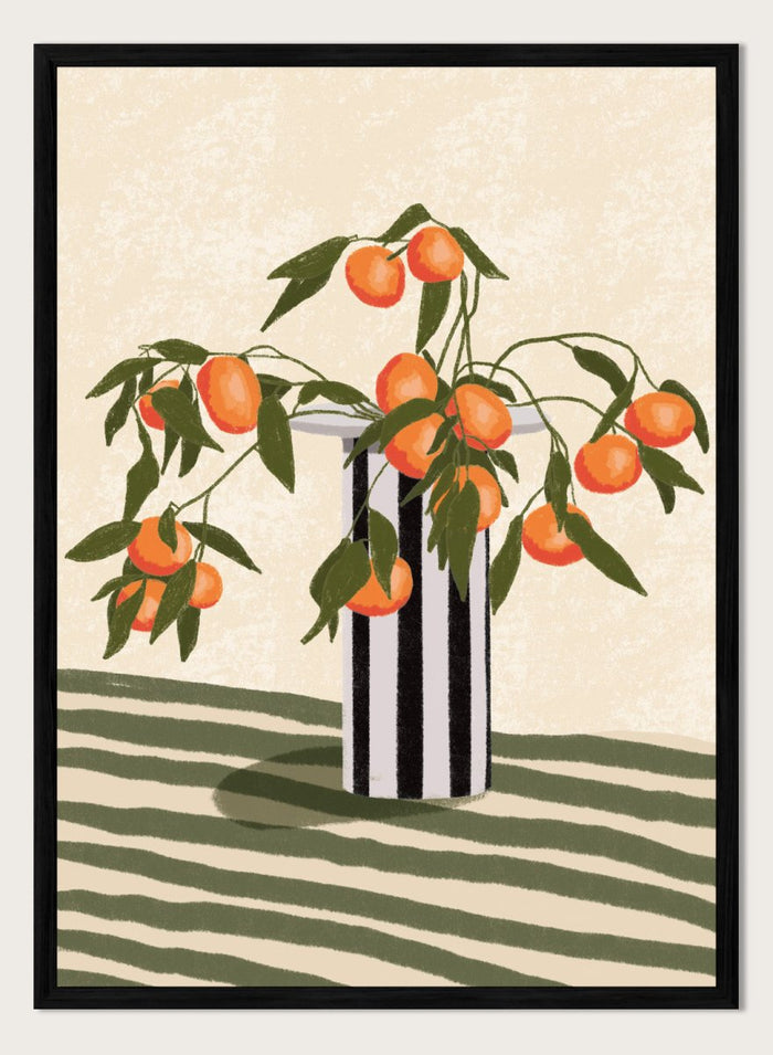 A stylized still life illustration of orange branches with green leaves and ripe oranges arranged in a black-and-white striped vase on a striped surface against a warm cream background. Orange Branches Vase by Lisa Solomoniuk premium framed fine art print featuring bright orange fruit, green leaves, and a striped black-and-white vase.