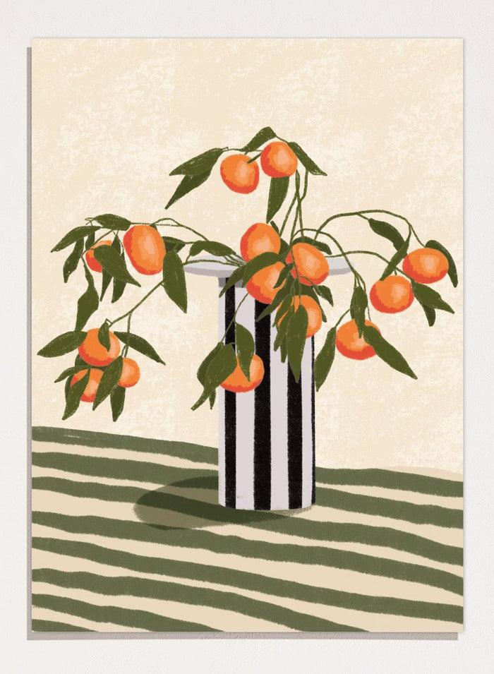 A stylized still life illustration of orange branches with green leaves and ripe oranges arranged in a black-and-white striped vase on a striped surface against a warm cream background. Orange Branches Vase by Lisa Solomoniuk premium framed fine art print featuring bright orange fruit, green leaves, and a striped black-and-white vase.