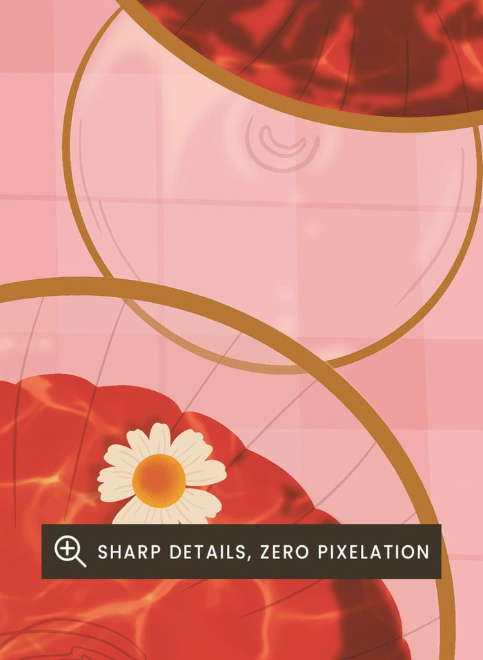 A stylized art print featuring two overlapping pink and red plaid glasses with white daisy flowers, framed by a black border on a light pink background. Pink Drinks With Daisies by Lisa Solomoniuk premium framed fine art print featuring red coupe glasses, floating daisies, and pink gingham.