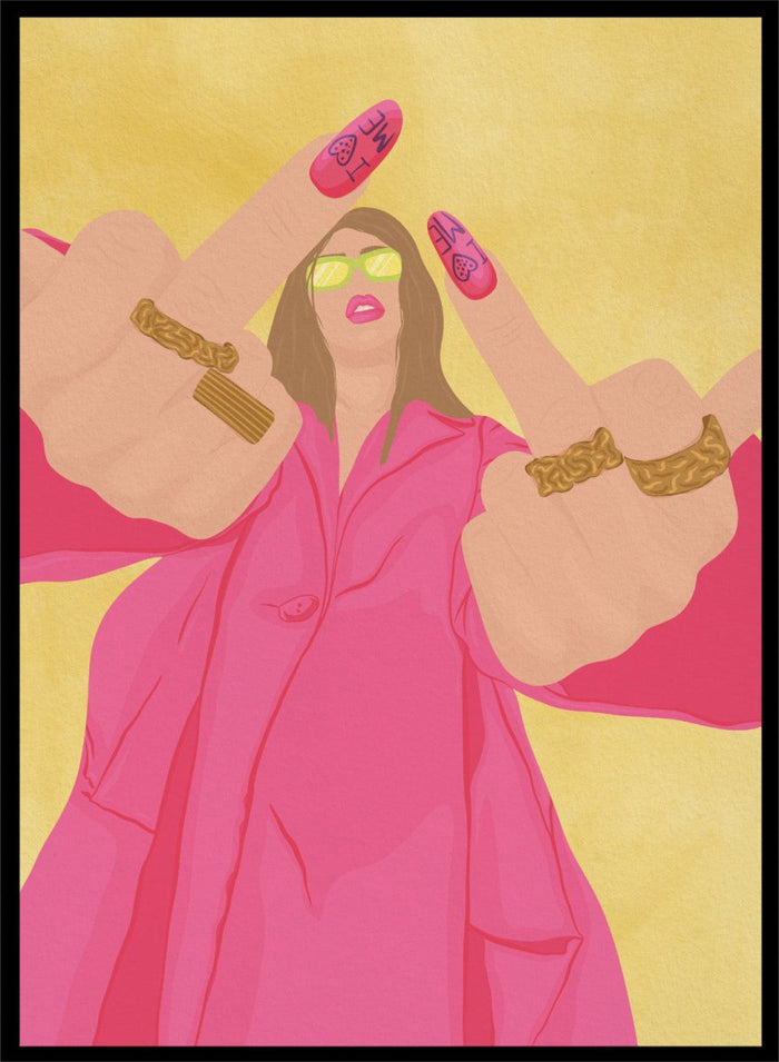 A stylized fashion illustration of a woman in a bright pink trench coat and lime green sunglasses, with both hands raised showing long pink nails decorated with black symbols and gold rings on her wrists, set against a textured yellow background. Pink Fashion V-Sign by Lisa Solomoniuk premium framed fine art print featuring a woman in a bright pink coat with a bold, rebellious gesture.
