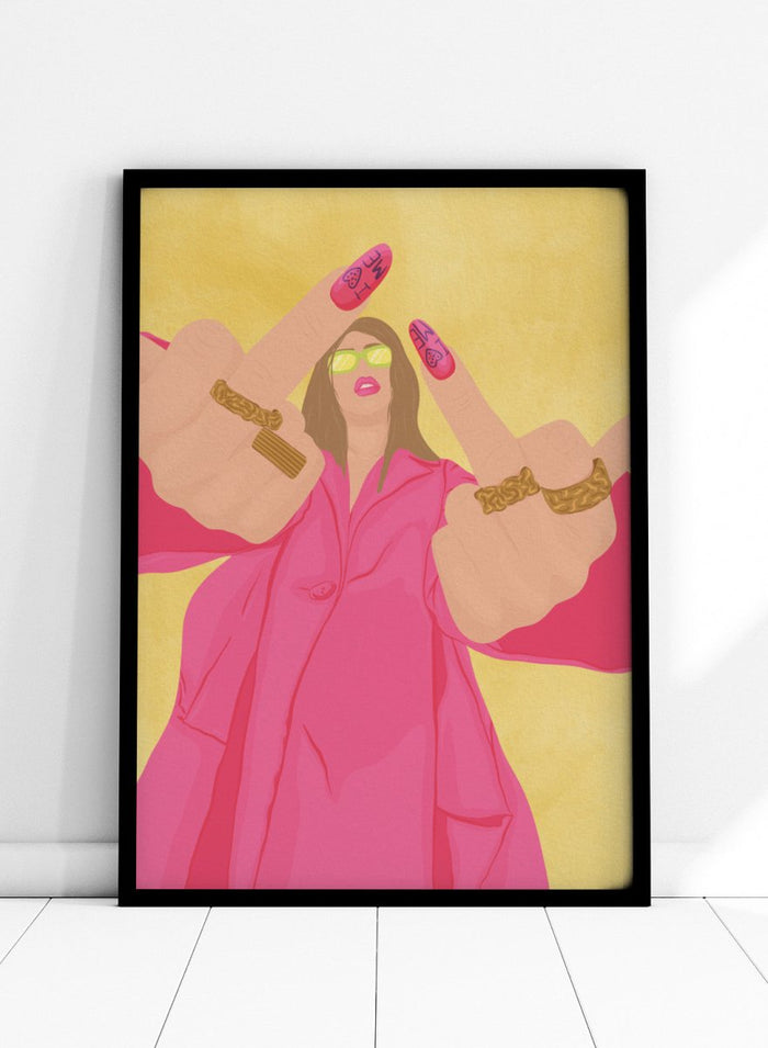 A stylized fashion illustration of a woman in a bright pink trench coat and lime green sunglasses, with both hands raised showing long pink nails decorated with black symbols and gold rings on her wrists, set against a textured yellow background. Pink Fashion V-Sign by Lisa Solomoniuk premium framed fine art print featuring a woman in a bright pink coat with a bold, rebellious gesture.
