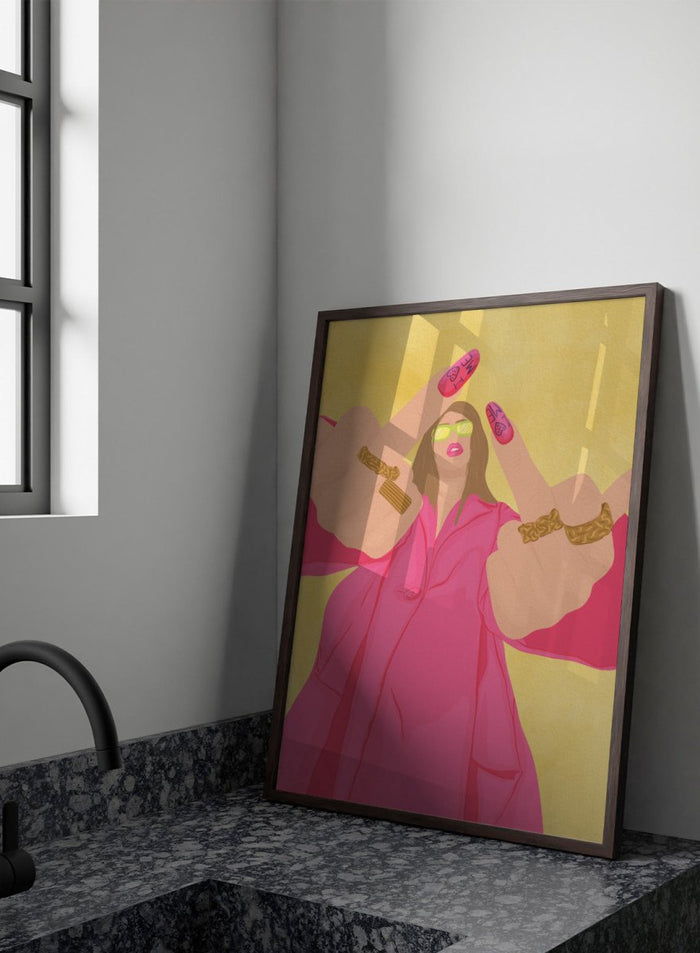 A stylized fashion illustration of a woman in a bright pink trench coat and lime green sunglasses, with both hands raised showing long pink nails decorated with black symbols and gold rings on her wrists, set against a textured yellow background. Pink Fashion V-Sign by Lisa Solomoniuk premium framed fine art print featuring a woman in a bright pink coat with a bold, rebellious gesture.