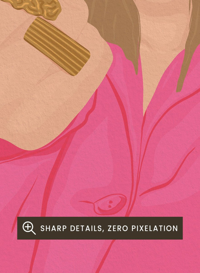 A stylized fashion illustration of a woman in a bright pink trench coat and lime green sunglasses, with both hands raised showing long pink nails decorated with black symbols and gold rings on her wrists, set against a textured yellow background. Pink Fashion V-Sign by Lisa Solomoniuk premium framed fine art print featuring a woman in a bright pink coat with a bold, rebellious gesture.